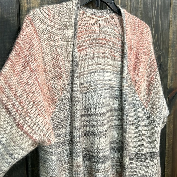 Anthropologie Knitted Knotted Wool Cardigan L Open Pink Grey Mohair Boho Peplum - Picture 2 of 13